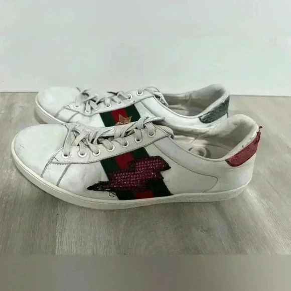 5. Gucci White Leather And Canvas Crystal Embellished Lightning Bolt Ace Low Top - Picture 1 of 14